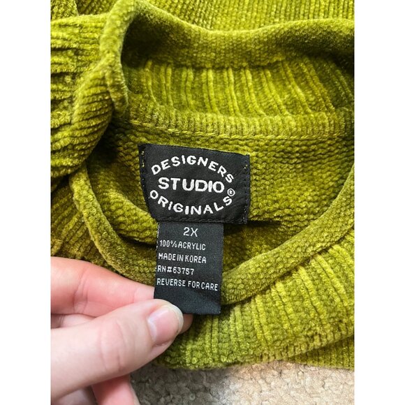 Designers Studio Originals Green Ribbed Sweater Size 2X Crochet Lace Hem Hi Neck - Picture 7 of 8